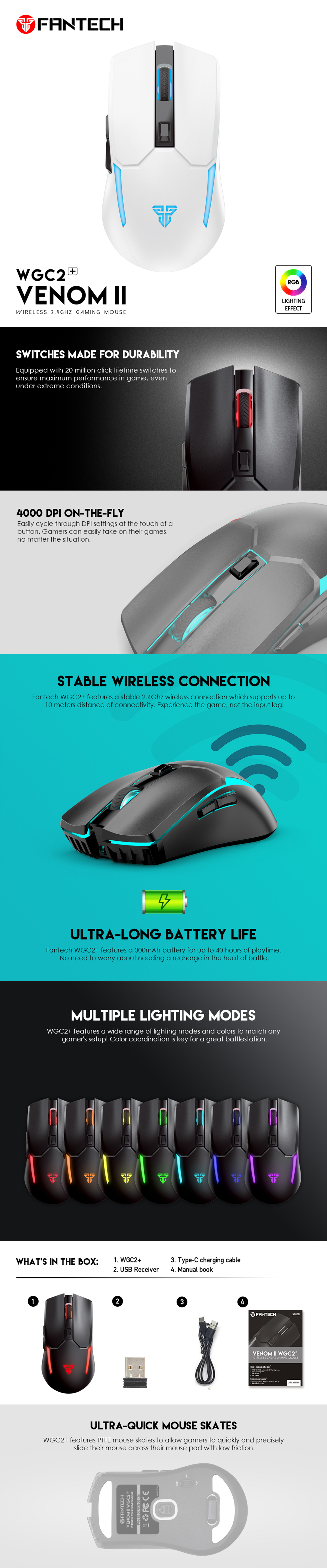 A large marketing image providing additional information about the product Fantech VENOM II WGC2 Wireless Gaming Mouse - White - Additional alt info not provided